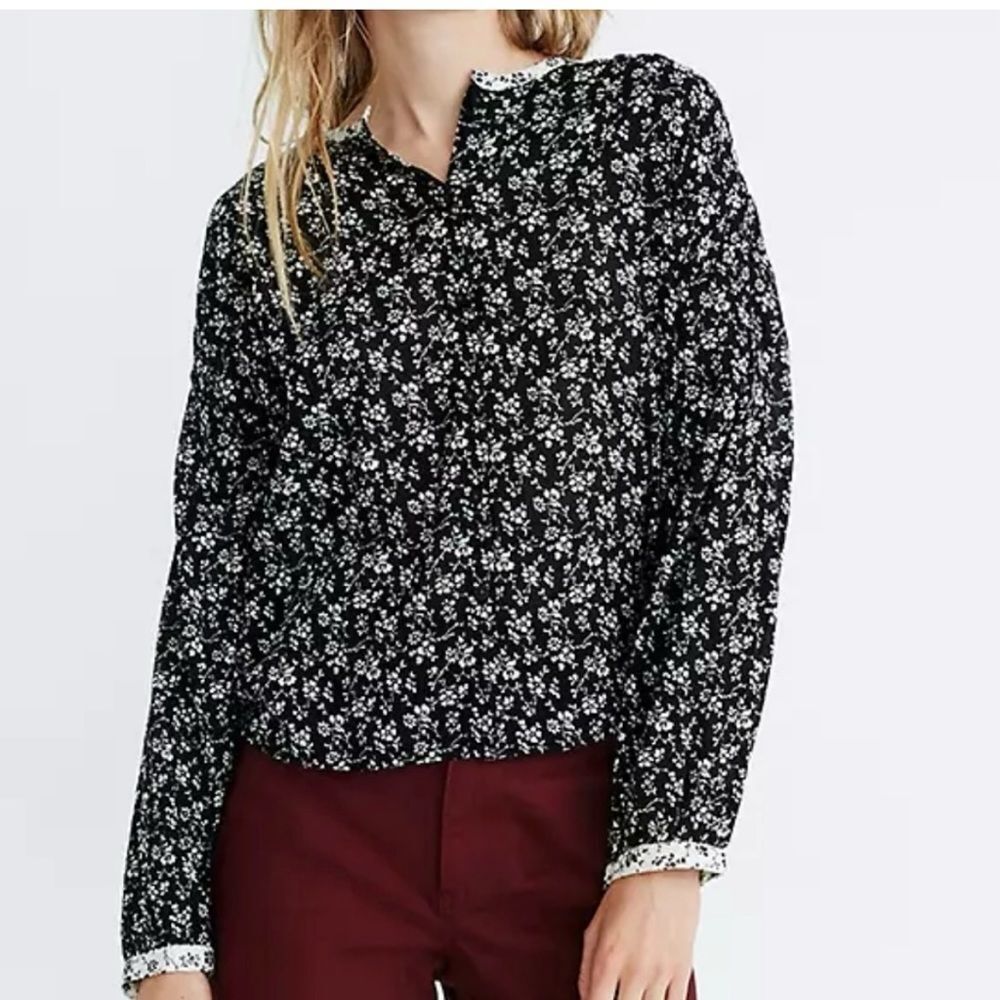 Madewell Print Mix Meadow Black White Floral Long Sleeve Button Top Women Medium